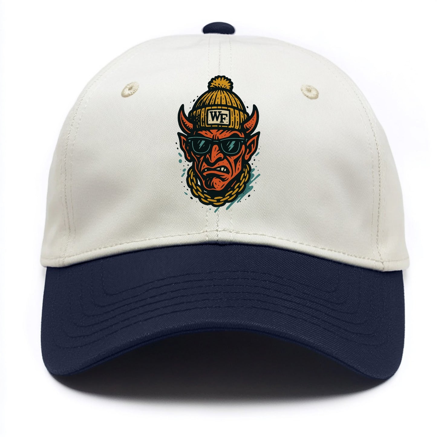Winston-Salem Demon wearing Wake Forest beanie with WF patch - Two Tone Cap - Navy