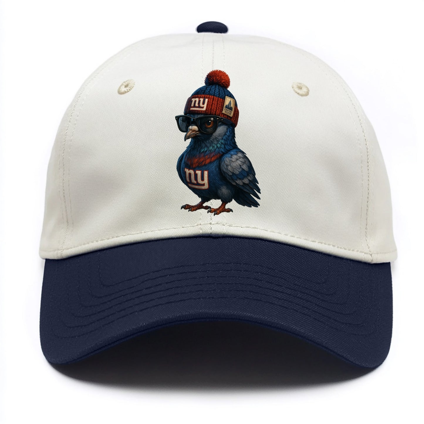 Manhattan Pigeon wearing Giants beanie with Empire State patch and wayfarer - Two Tone Cap - Navy