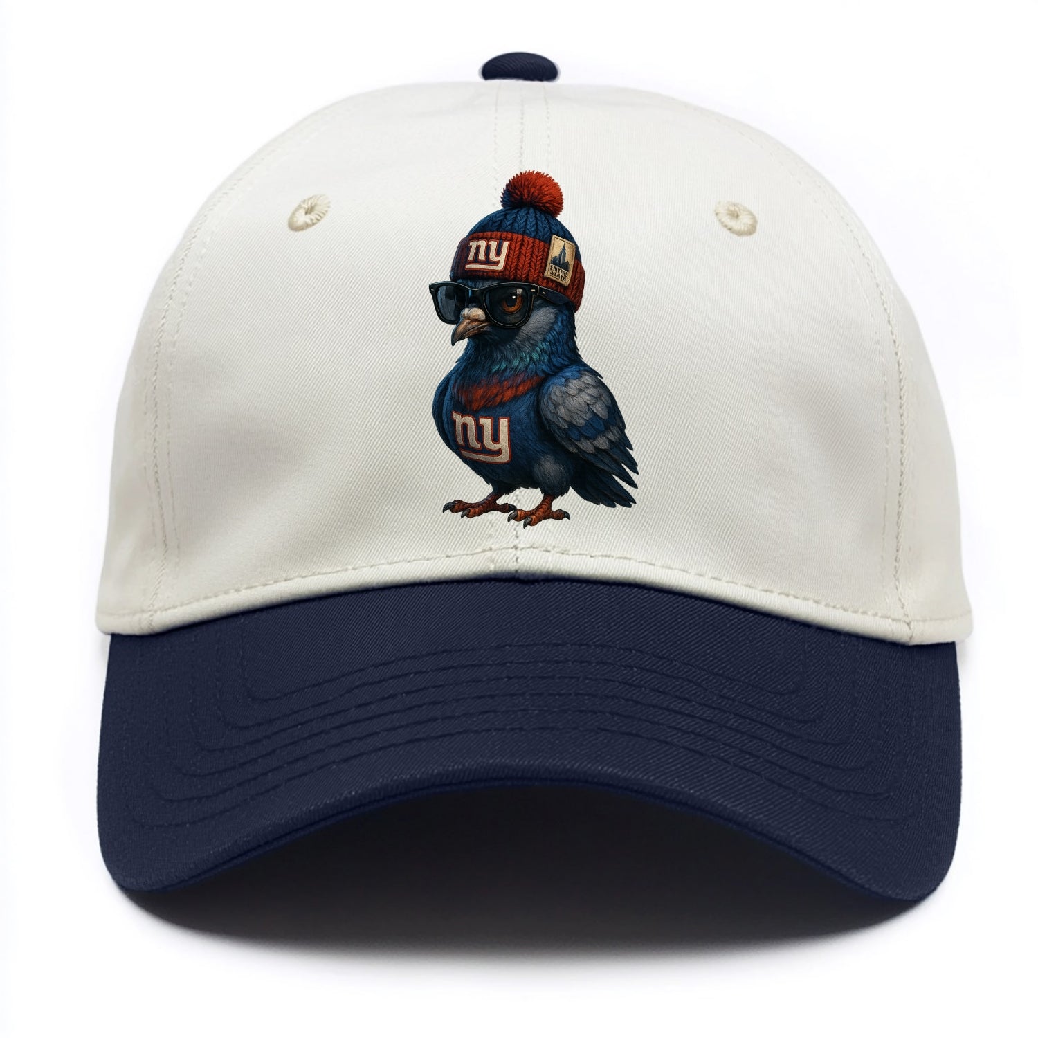 Manhattan Pigeon wearing Giants beanie with Empire State patch and wayfarer - Two Tone Cap - Navy