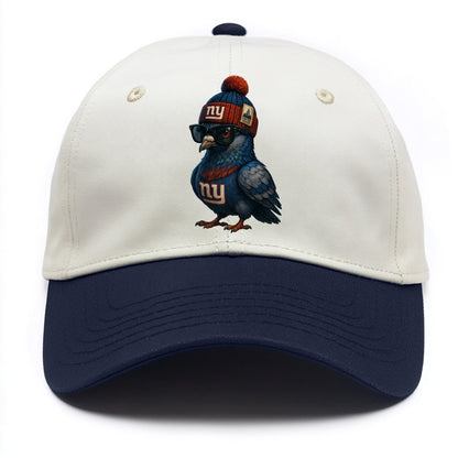 Manhattan Pigeon wearing Giants beanie with Empire State patch and wayfarer - Two Tone Cap - Navy