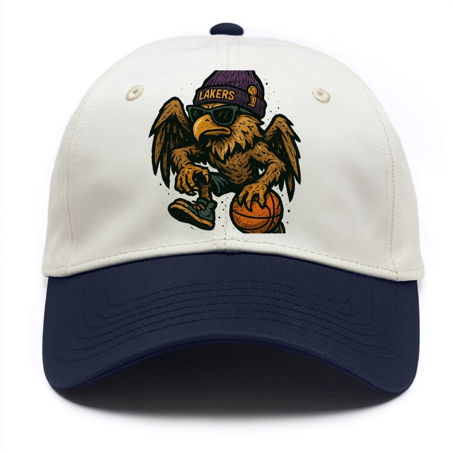 Los Angeles Golden Eagle wearing Lakers beanie with trophy patch and wayfarer - Two Tone Cap - Navy