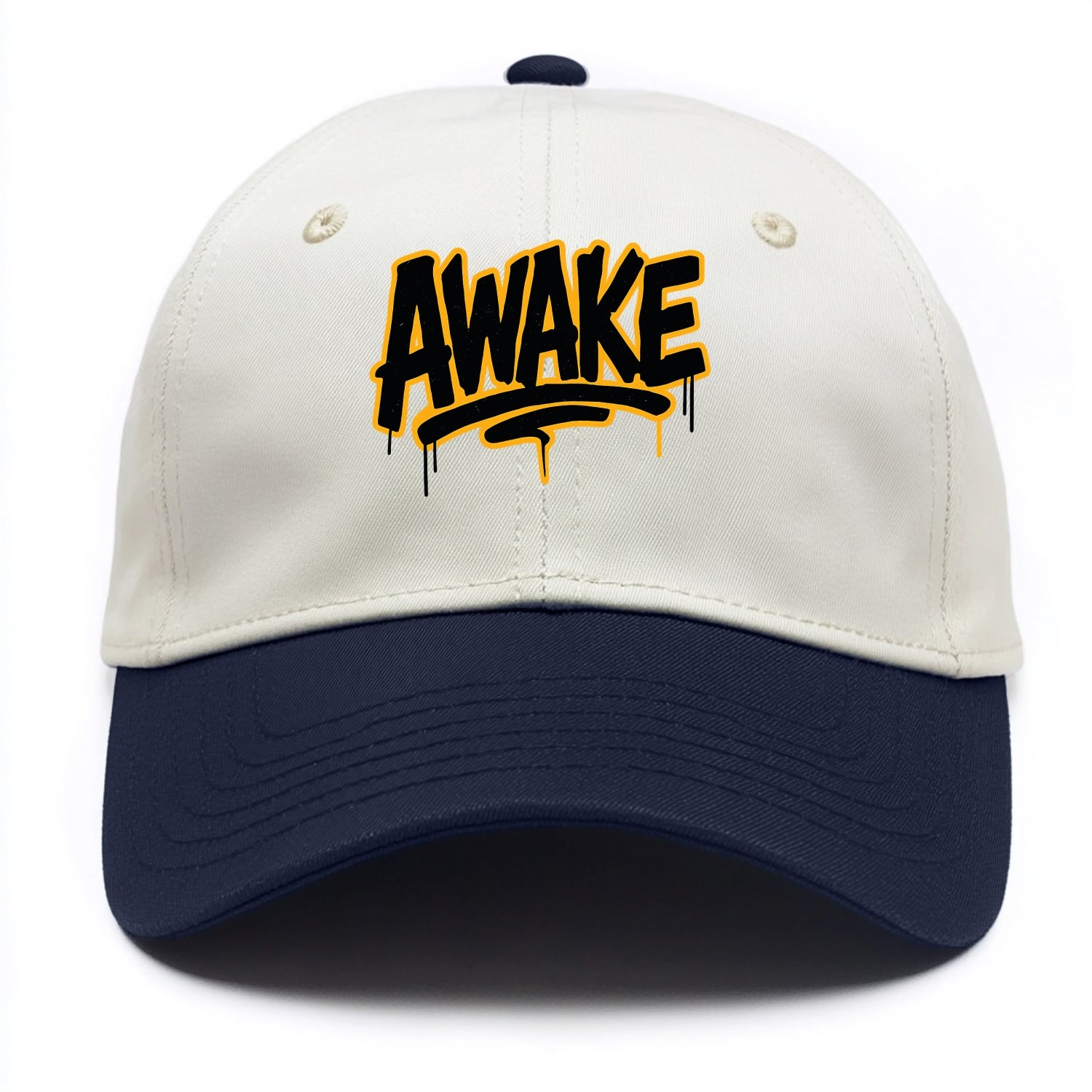 Bold typography design - "AWAKE" - conscious, aware, alert - Two Tone Cap - Navy