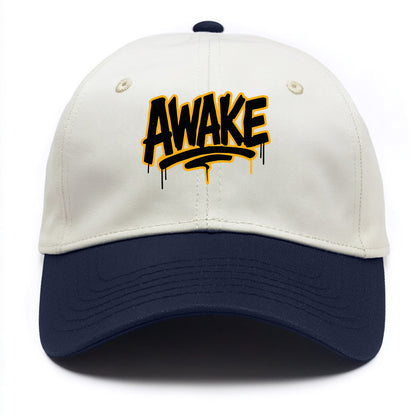 Bold typography design - "AWAKE" - conscious, aware, alert - Two Tone Cap - Navy