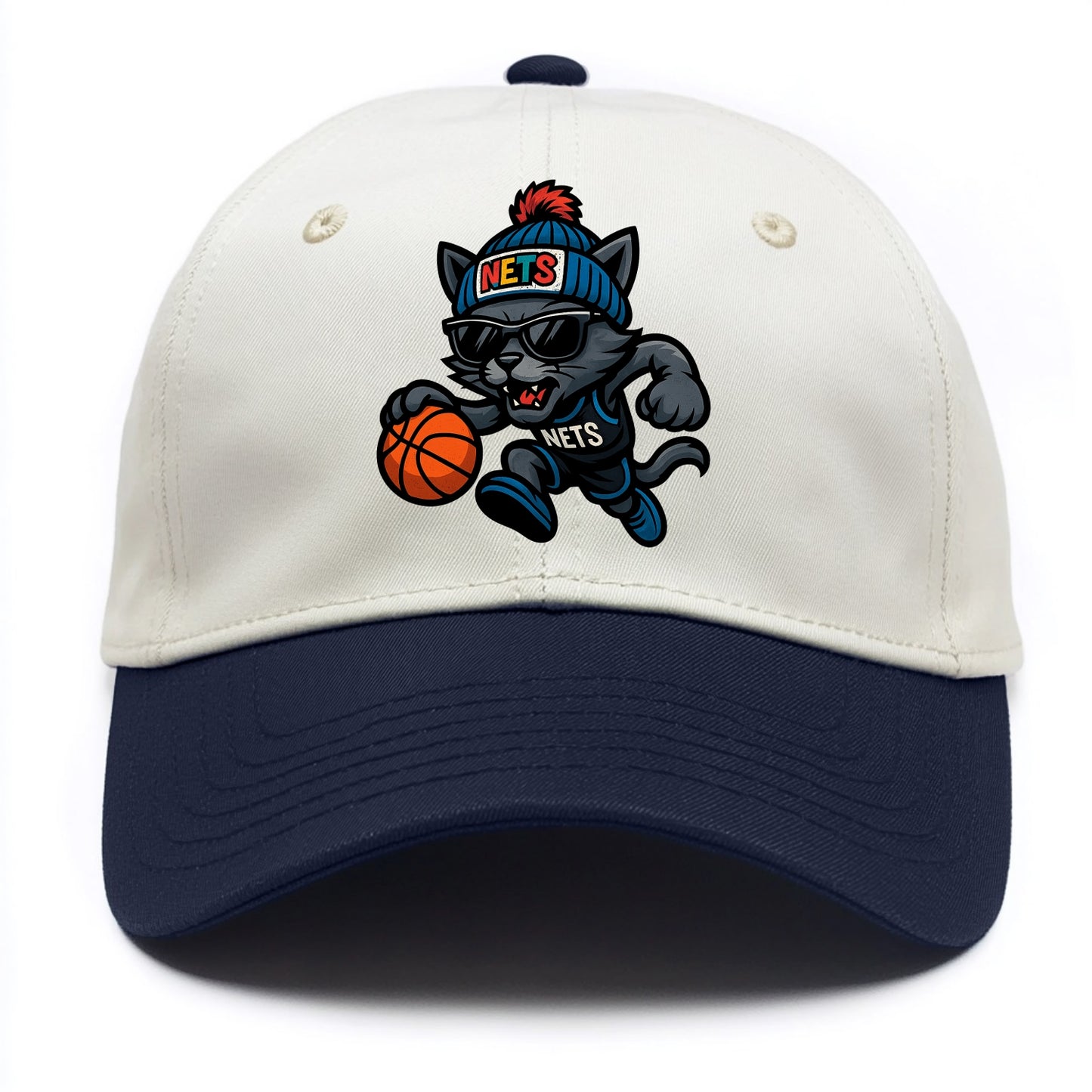 Brooklyn Cat wearing Nets beanie with street art patch and wayfarer sunglasses - Two Tone Cap - Navy