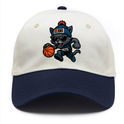 Brooklyn Cat wearing Nets beanie with street art patch and wayfarer sunglasses - Two Tone Cap - Navy