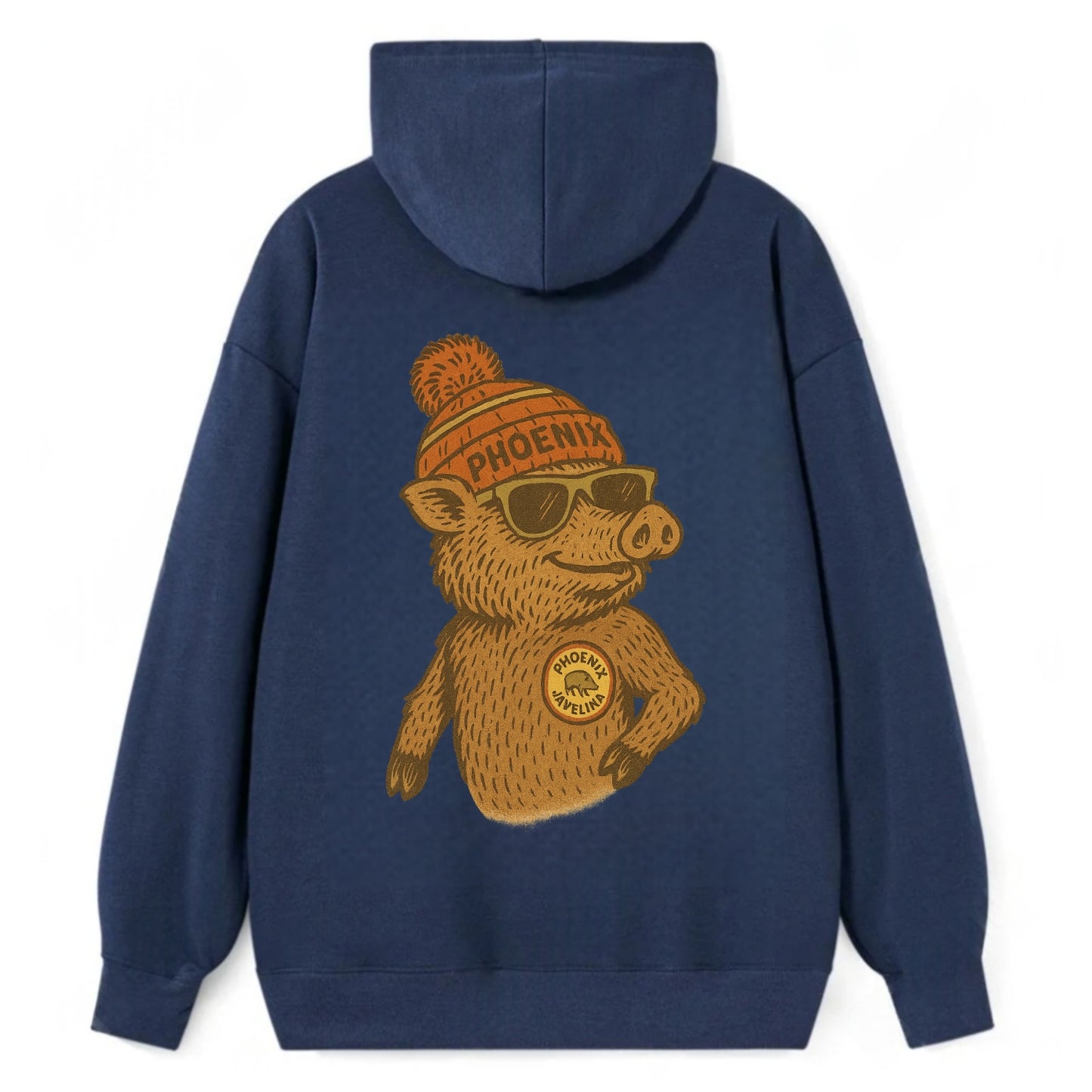 Phoenix Javelina wearing Phoenix beanie with pom pom and wayfarer - Classic Pullover Hoodie - Navy