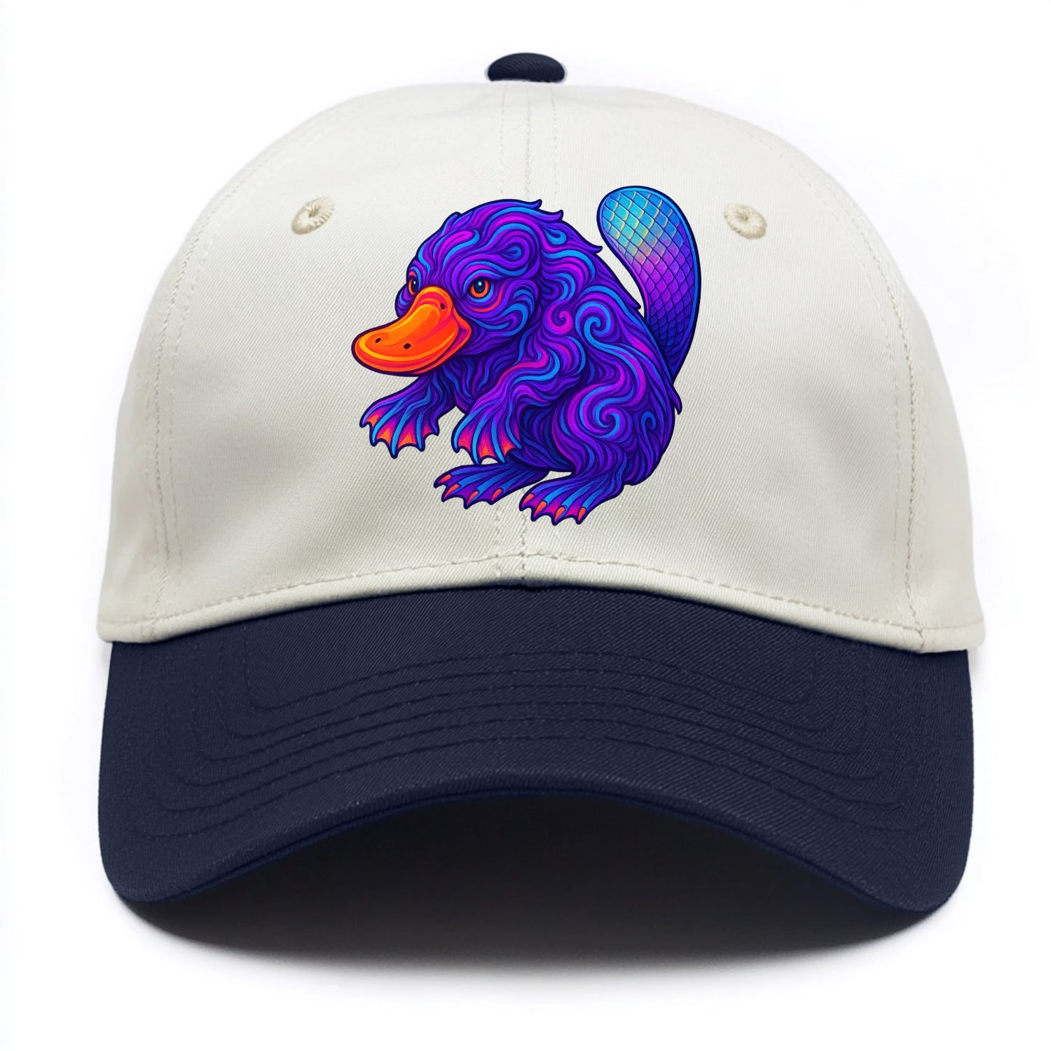 Quirky platypus with bill glowing in neon orange, beaver tail with holographic - Two Tone Cap - Navy