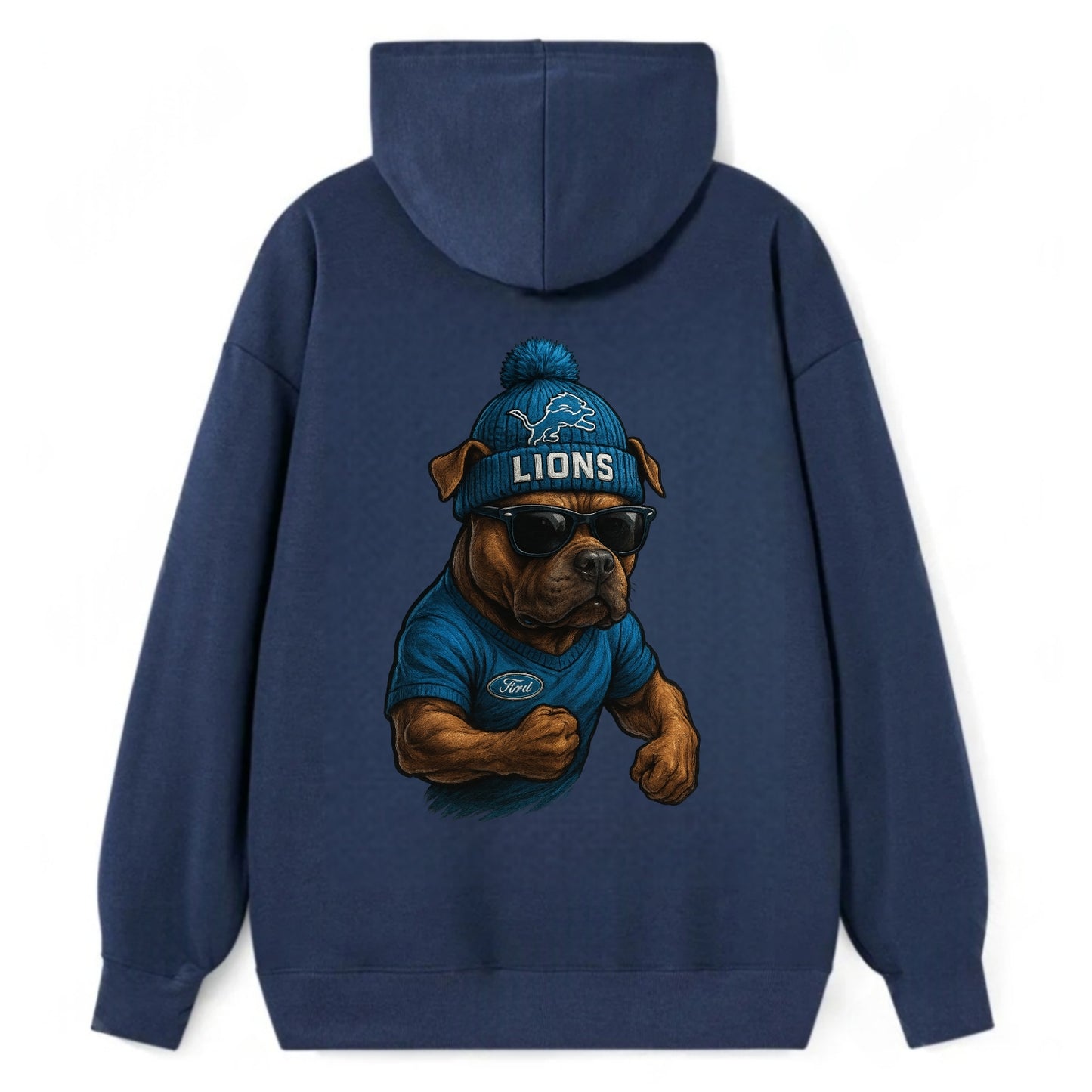 Detroit Pitbull wearing Lions beanie with auto patch and wayfarer - Classic Pullover Hoodie - Navy