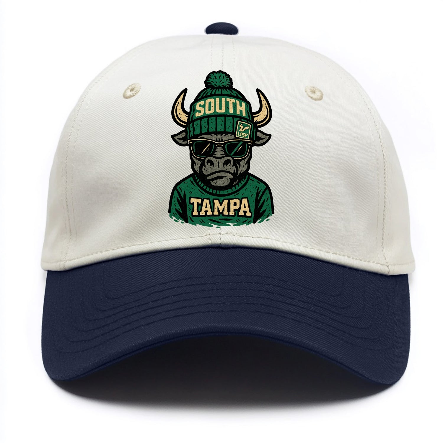 Tampa Bull wearing South Florida beanie with USF patch - Two Tone Cap - Navy