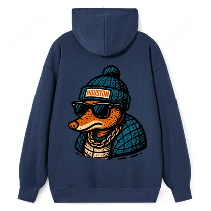 Houston Armadillo wearing Houston beanie with pom pom and wayfarer - Classic Pullover Hoodie - Navy