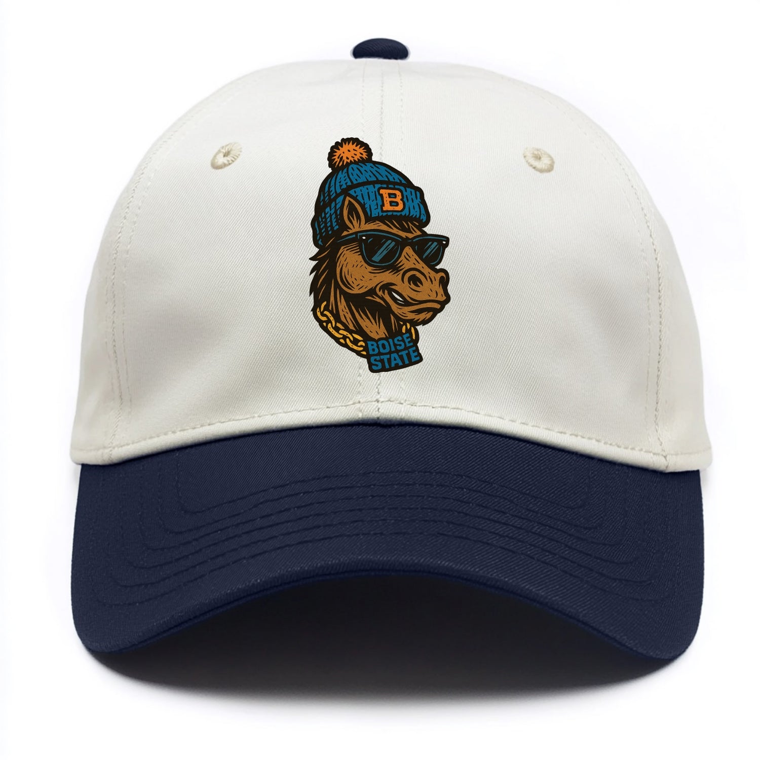 Boise Bronco wearing Boise State beanie with B patch - Two Tone Cap - Navy