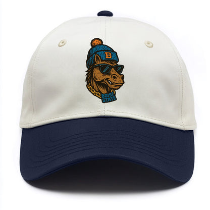 Boise Bronco wearing Boise State beanie with B patch - Two Tone Cap - Navy