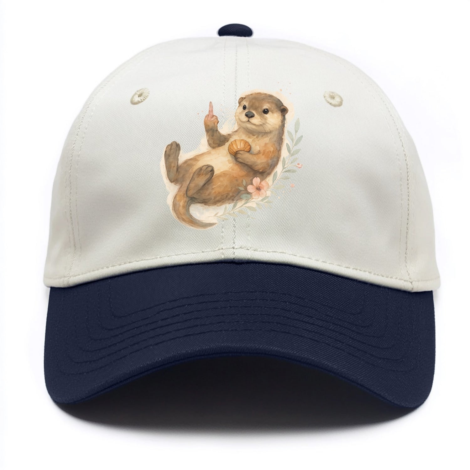 adorable otter floating on back, middle finger up while holding a shellfish - Two Tone Cap - Navy
