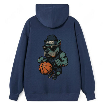 Detroit Pitbull wearing Pistons beanie with chrome patch and wayfarer - Classic Pullover Hoodie - Navy