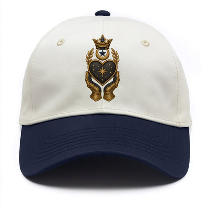 Crowned heart with Art Deco sunburst crown and geometric filigree hands cradling the - Two Tone Cap - Navy