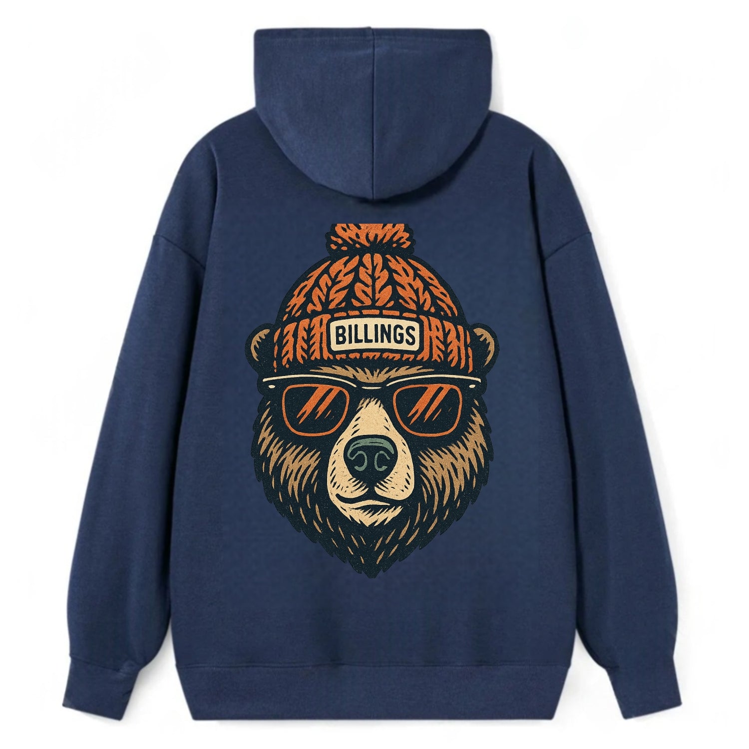 Montana Grizzly Bear wearing Billings beanie with pom pom and wayfarer - Classic Pullover Hoodie - Navy