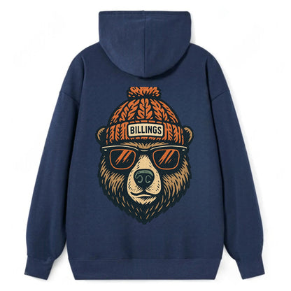 Montana Grizzly Bear wearing Billings beanie with pom pom and wayfarer - Classic Pullover Hoodie - Navy