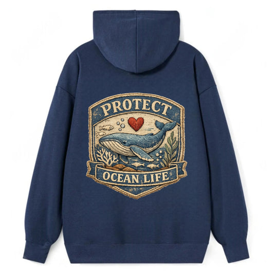 PROTECT OCEAN LIFE - whale with heart in blue , marine conservation - Classic Pullover Hoodie - Navy
