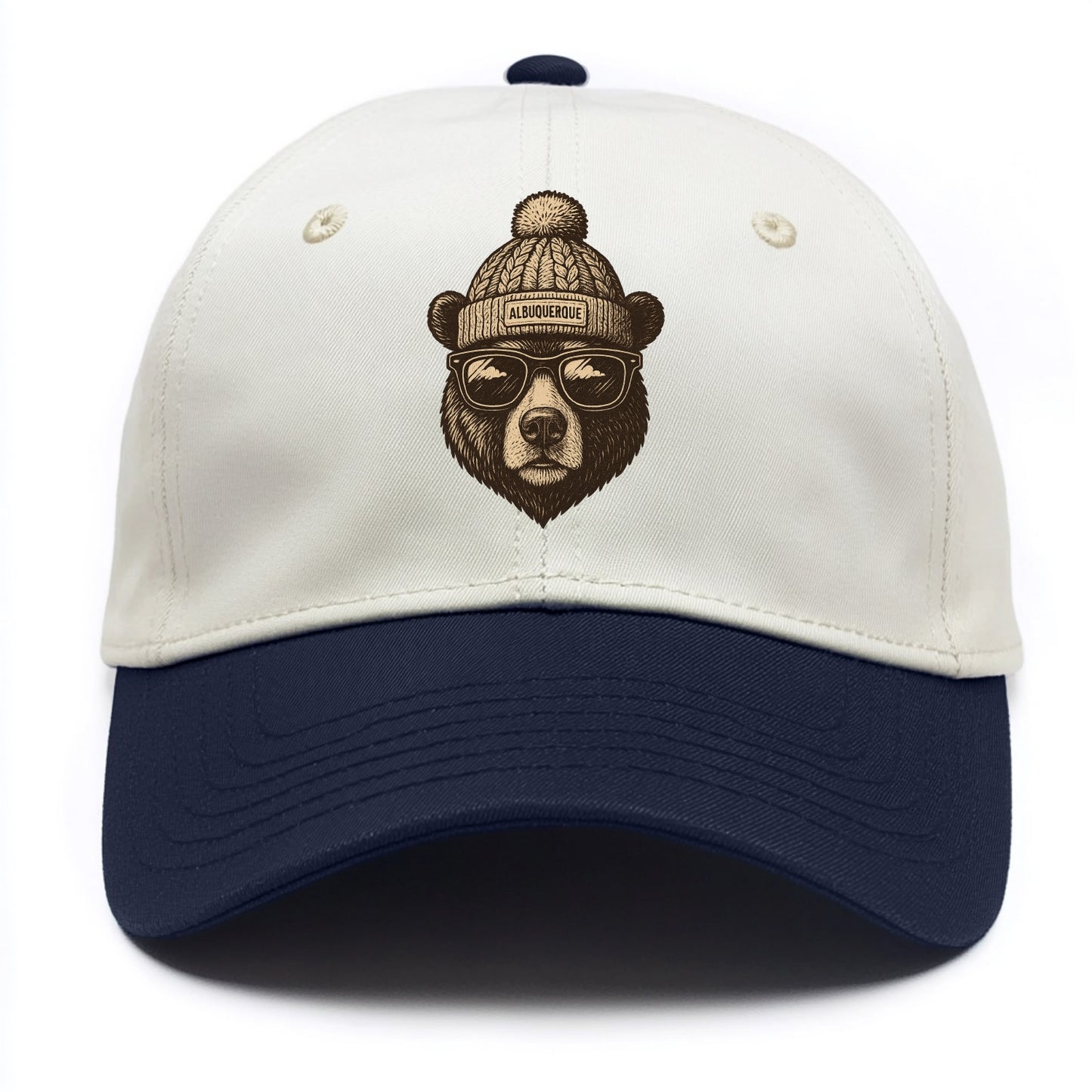 New Mexico Black Bear wearing Albuquerque beanie with pom pom and wayfarer sunglasses - Two Tone Cap - Navy