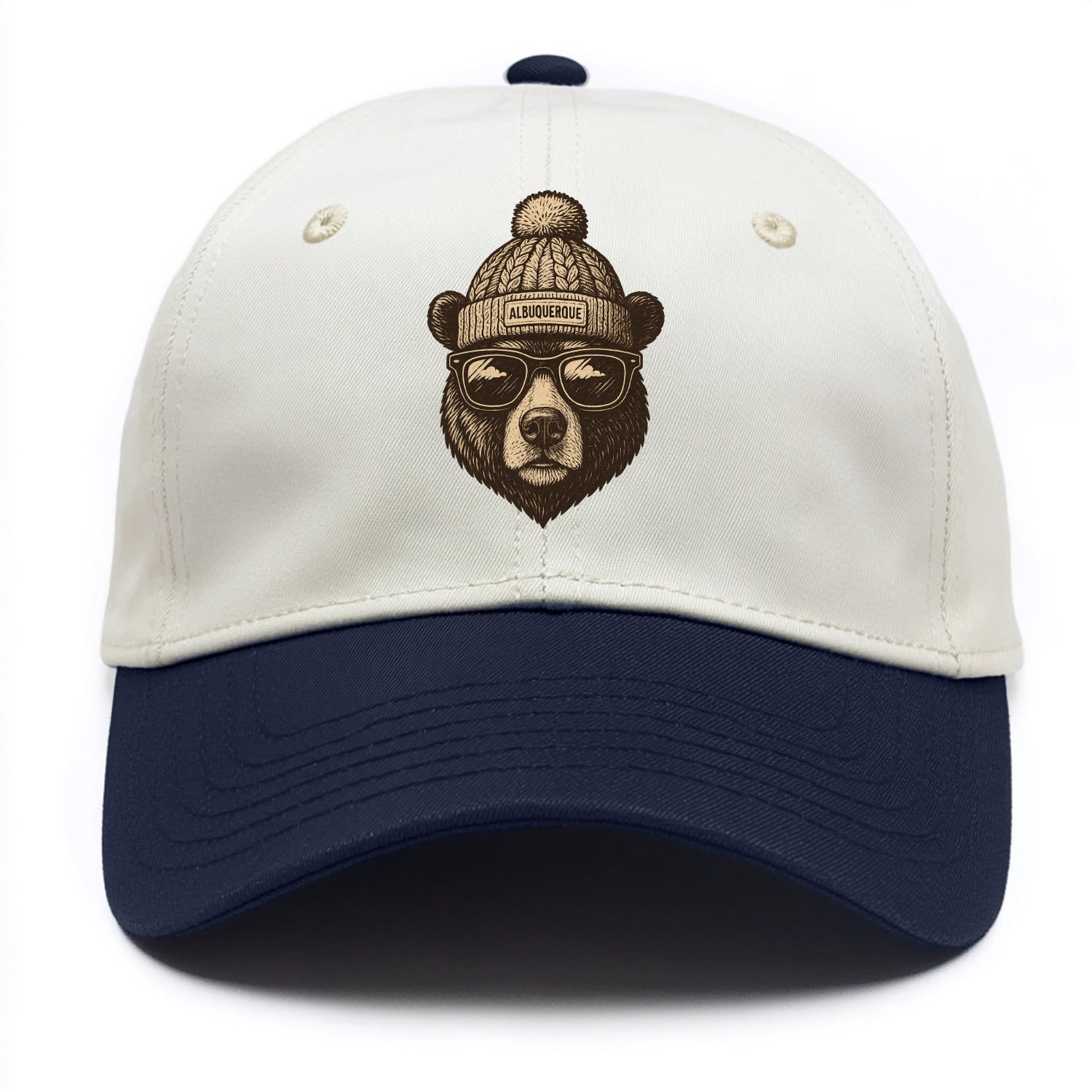 New Mexico Black Bear wearing Albuquerque beanie with pom pom and wayfarer sunglasses - Two Tone Cap - Navy