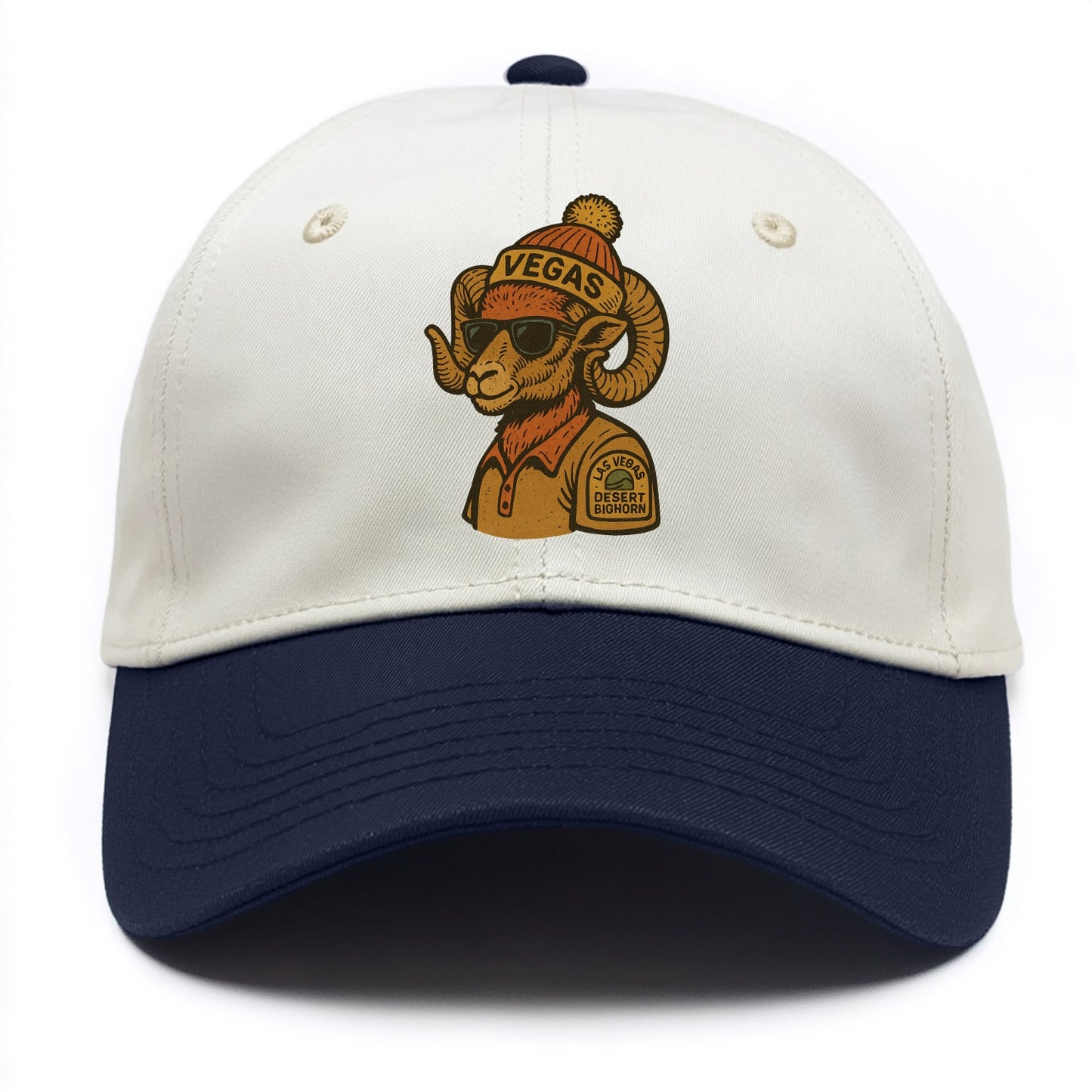 Las Vegas Desert Bighorn wearing Vegas beanie with pom pom and wayfarer sunglasses - Two Tone Cap - Navy