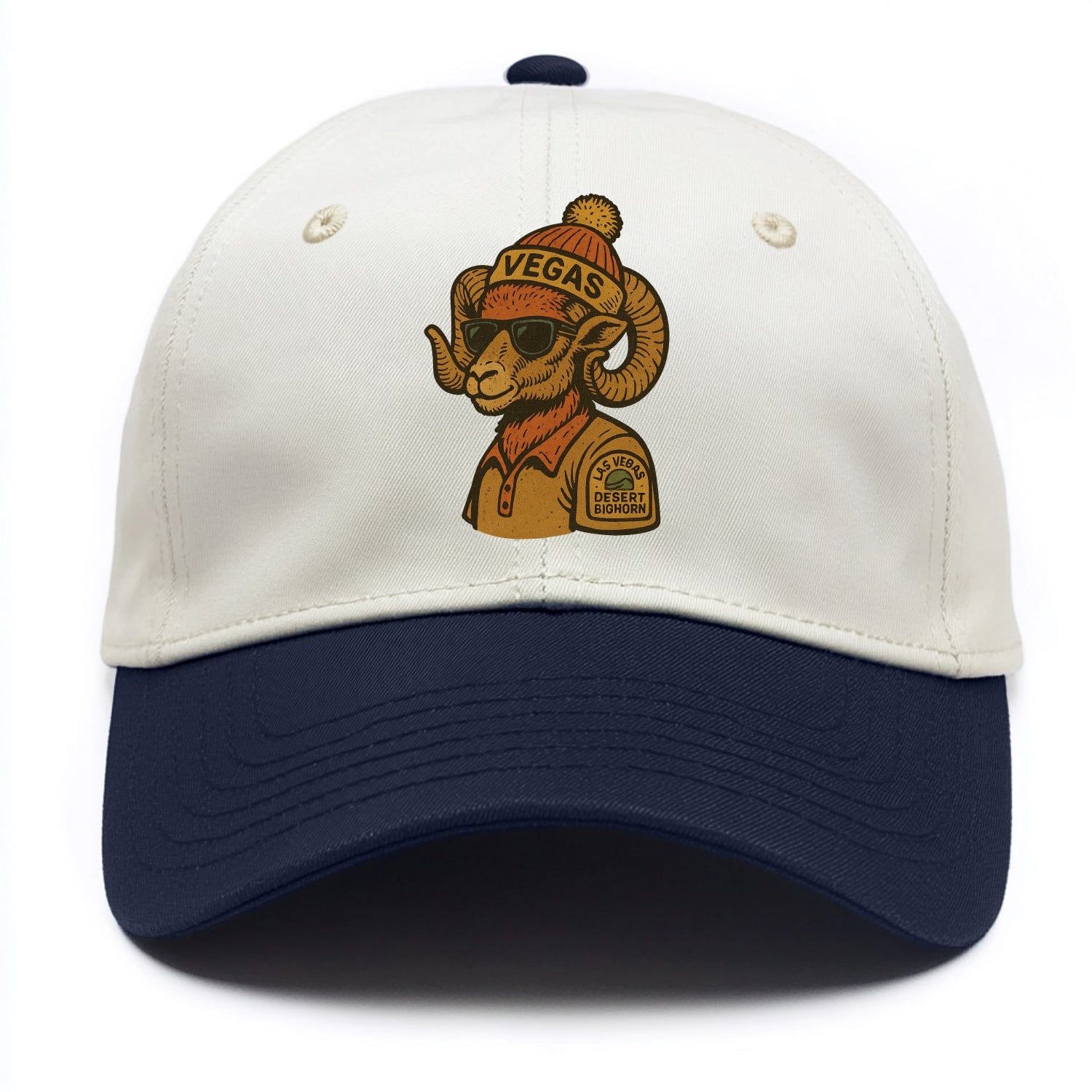 Las Vegas Desert Bighorn wearing Vegas beanie with pom pom and wayfarer sunglasses - Two Tone Cap - Navy