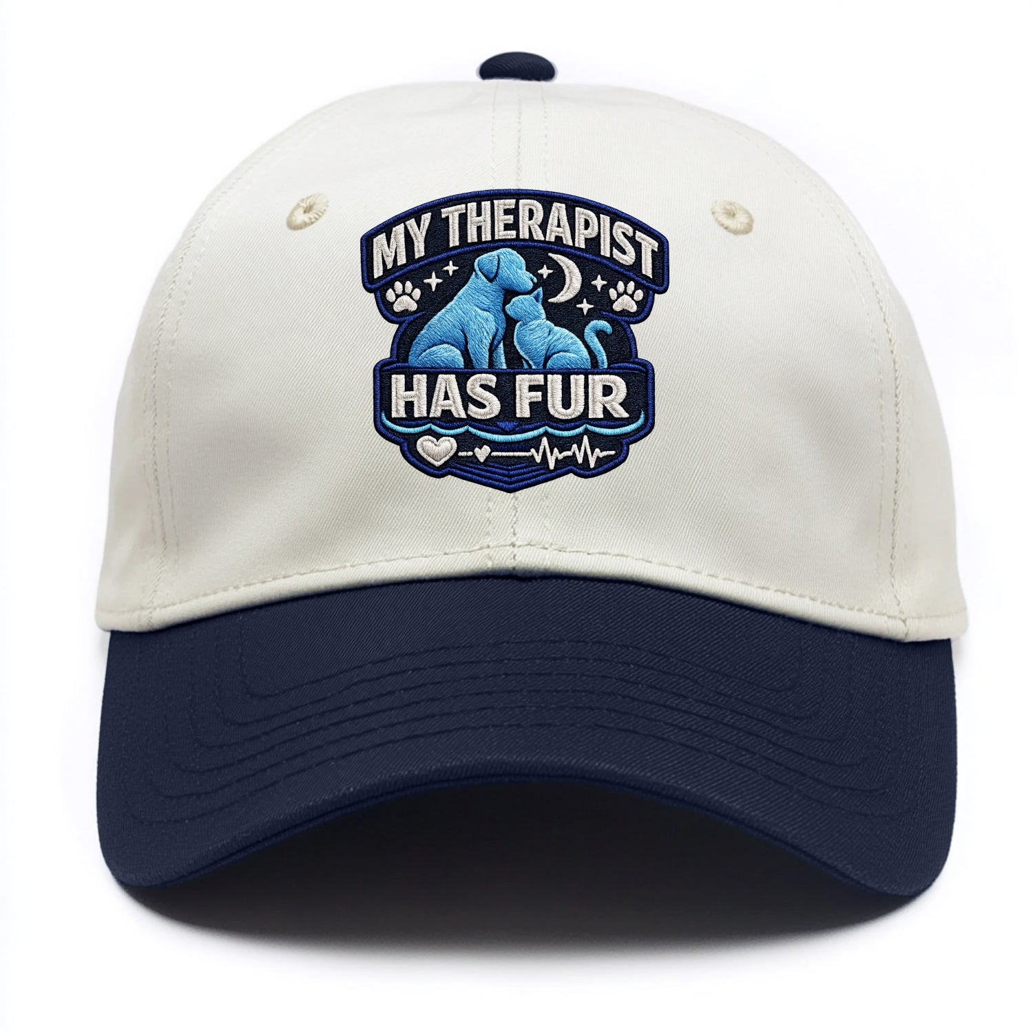 MY THERAPIST HAS FUR - pet silhouette in calming blue , emotional support - Two Tone Cap - Navy