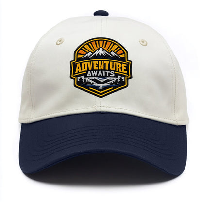 ADVENTURE AWAITS - mountain sunrise with text in gold and blue , wanderlust - Two Tone Cap - Navy