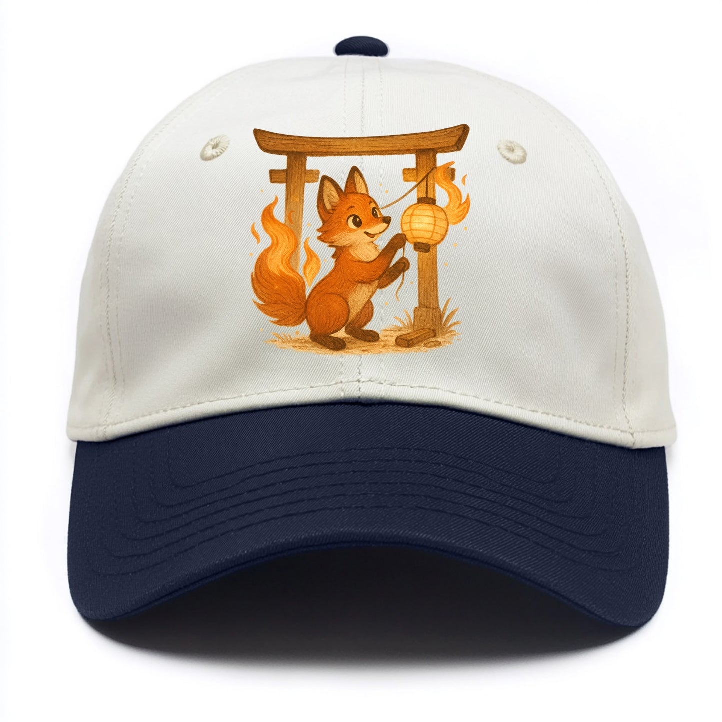 Foxfire kitsune stringing lanterns along a torii gate with tails of living flame - Two Tone Cap - Navy