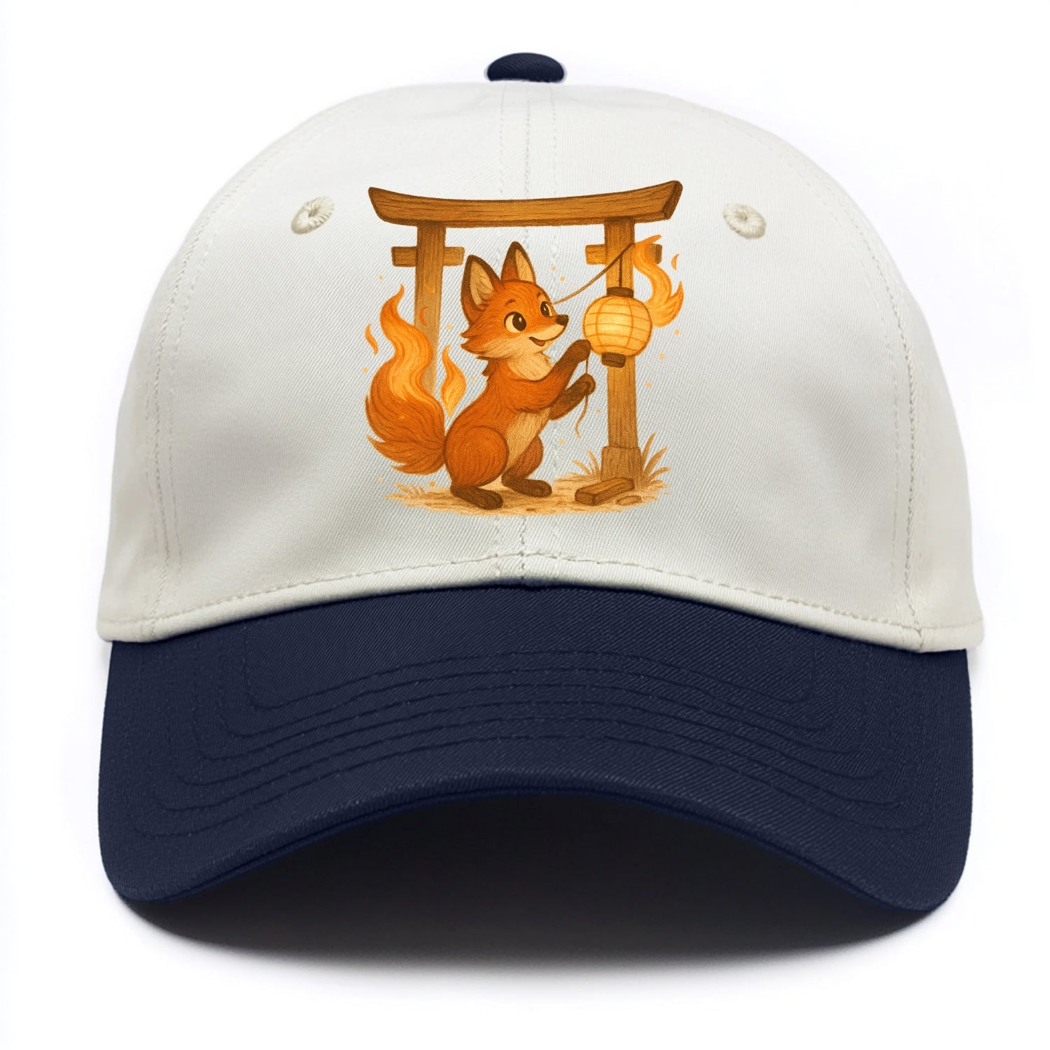 Foxfire kitsune stringing lanterns along a torii gate with tails of living flame - Two Tone Cap - Navy