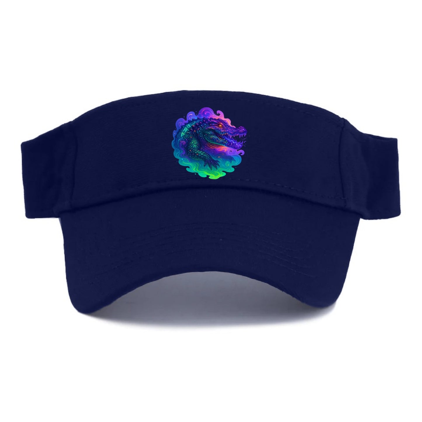 Primordial crocodile with scales pulsing plasma energy in green and purple, ancient runes - Visor - Navy