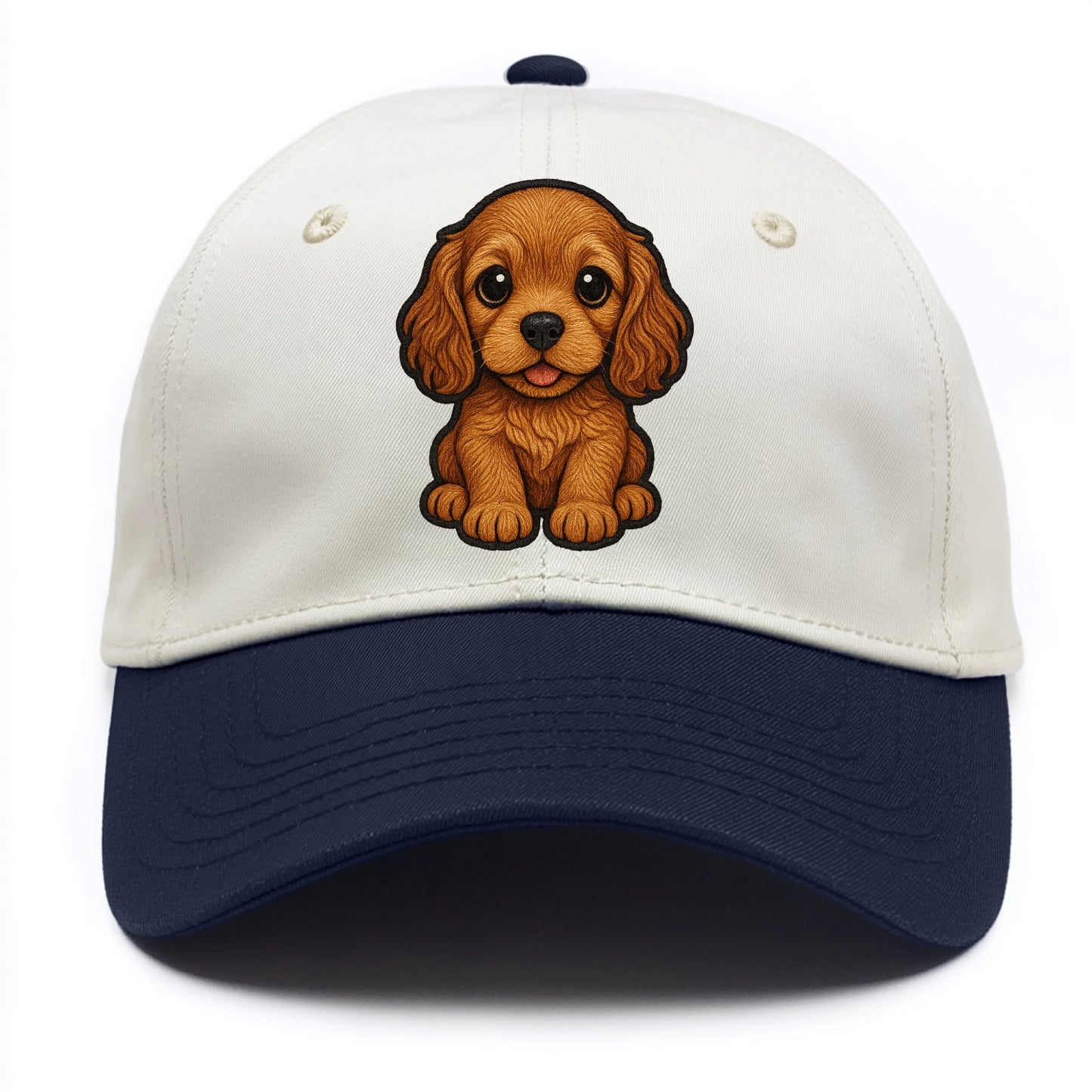 Baby Cocker Spaniel Puppy - long wavy ears, soulful eyes, silky coat, front-facing, - Two Tone Cap - Navy
