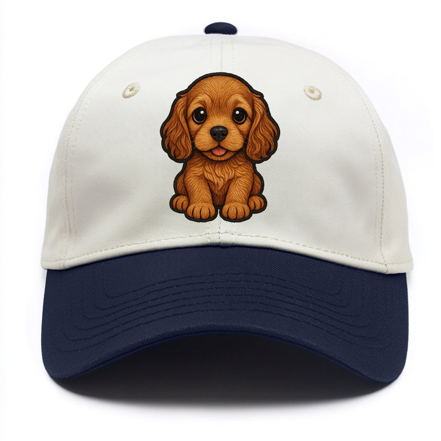 Baby Cocker Spaniel Puppy - long wavy ears, soulful eyes, silky coat, front-facing, - Two Tone Cap - Navy