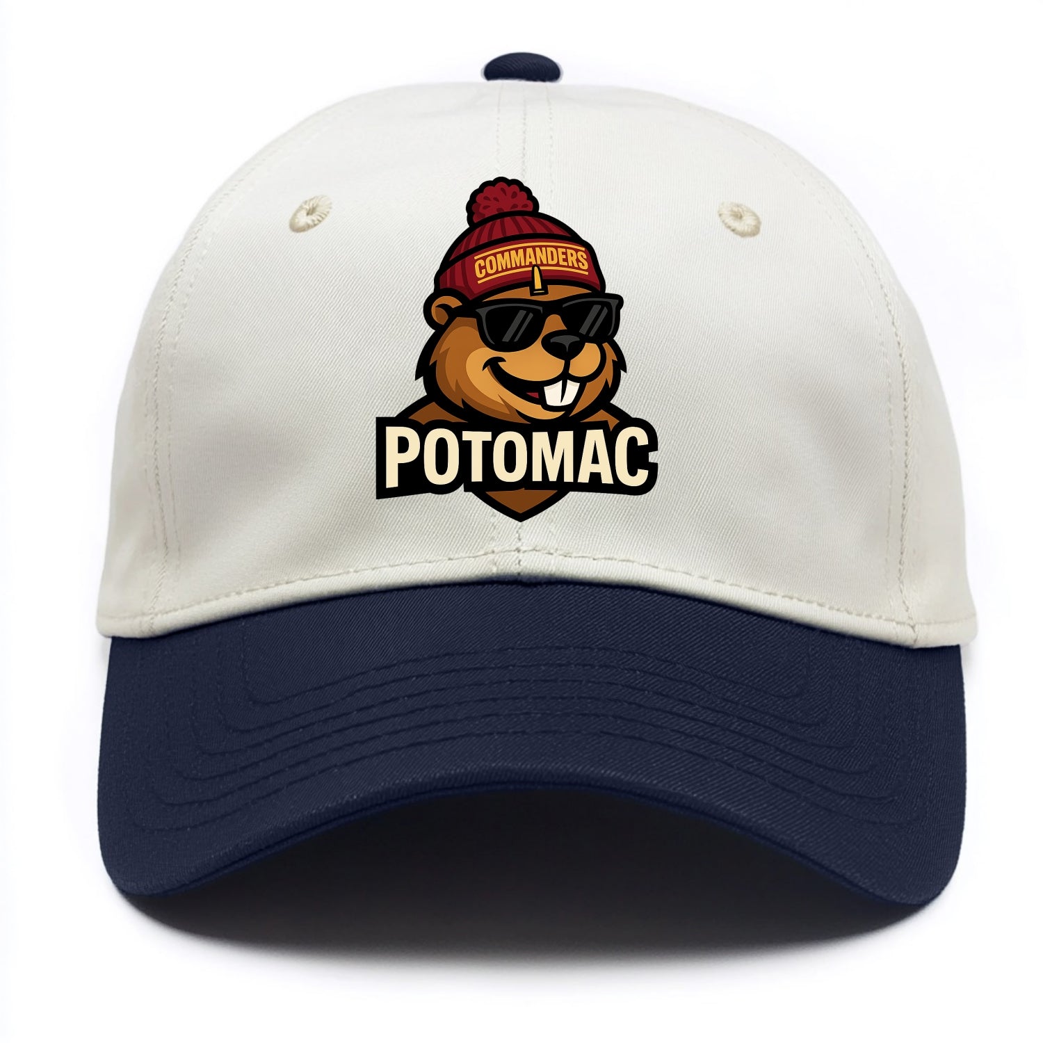 Potomac Beaver wearing Commanders beanie with monument patch and wayfarer sunglasses - Two Tone Cap - Navy