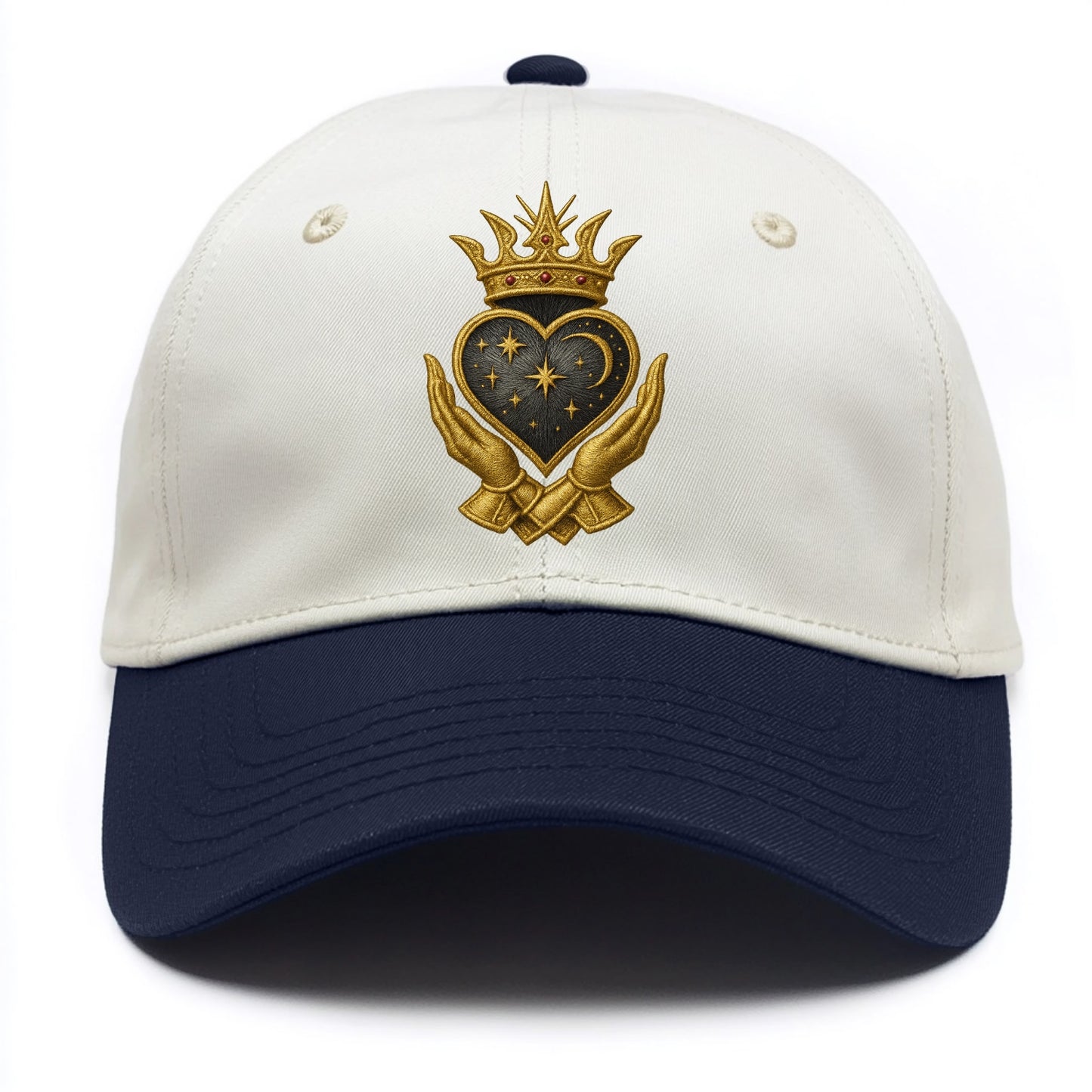 Hammered bronze warrior crown anchoring a dark steel heart with shield-bearing hands. - Two Tone Cap - Navy