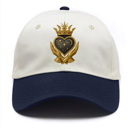 Hammered bronze warrior crown anchoring a dark steel heart with shield-bearing hands. - Two Tone Cap - Navy