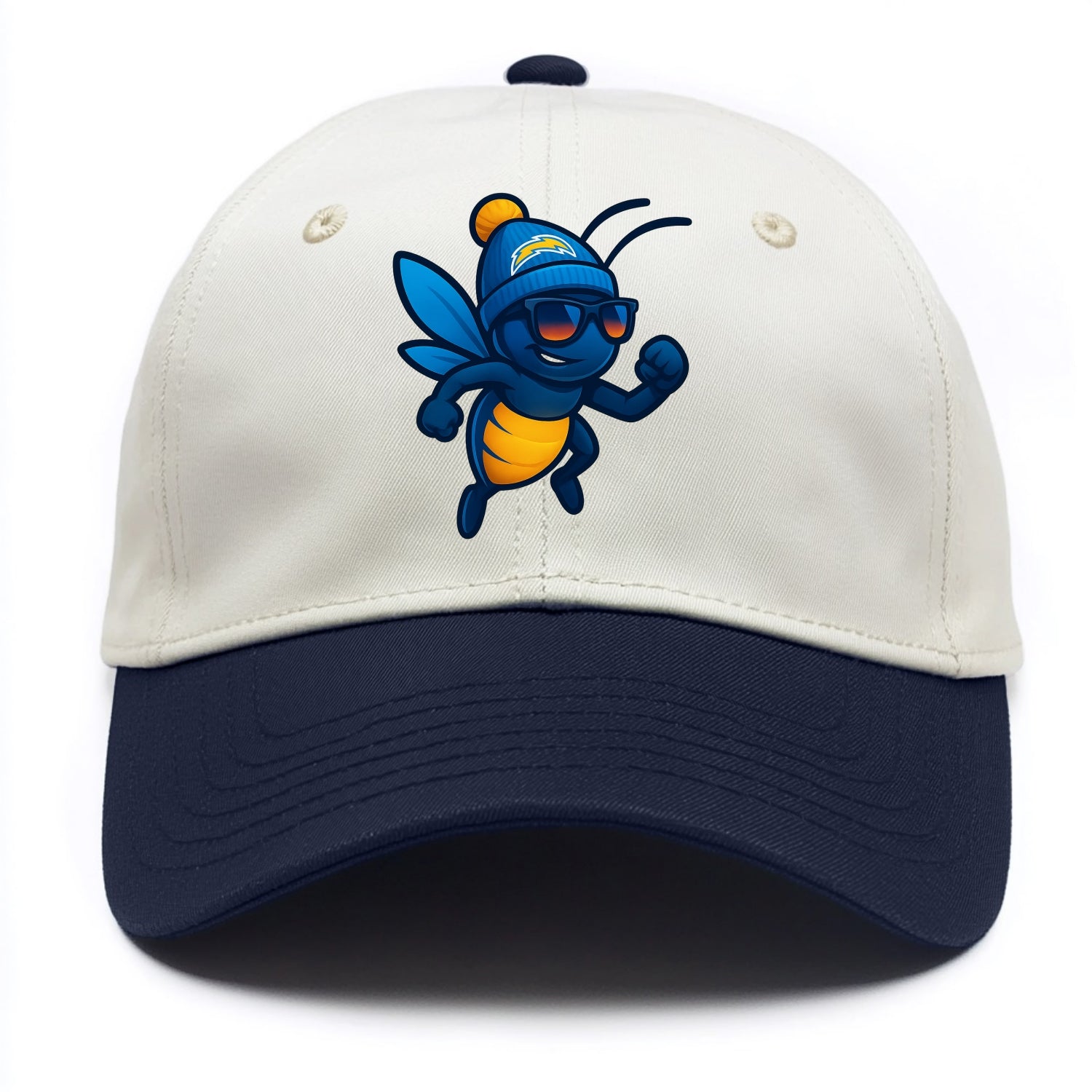 LA Lightning Bug wearing Chargers powder blue and gold beanie with pom pom and - Two Tone Cap - Navy