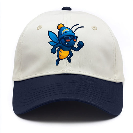 LA Lightning Bug wearing Chargers powder blue and gold beanie with pom pom and - Two Tone Cap - Navy