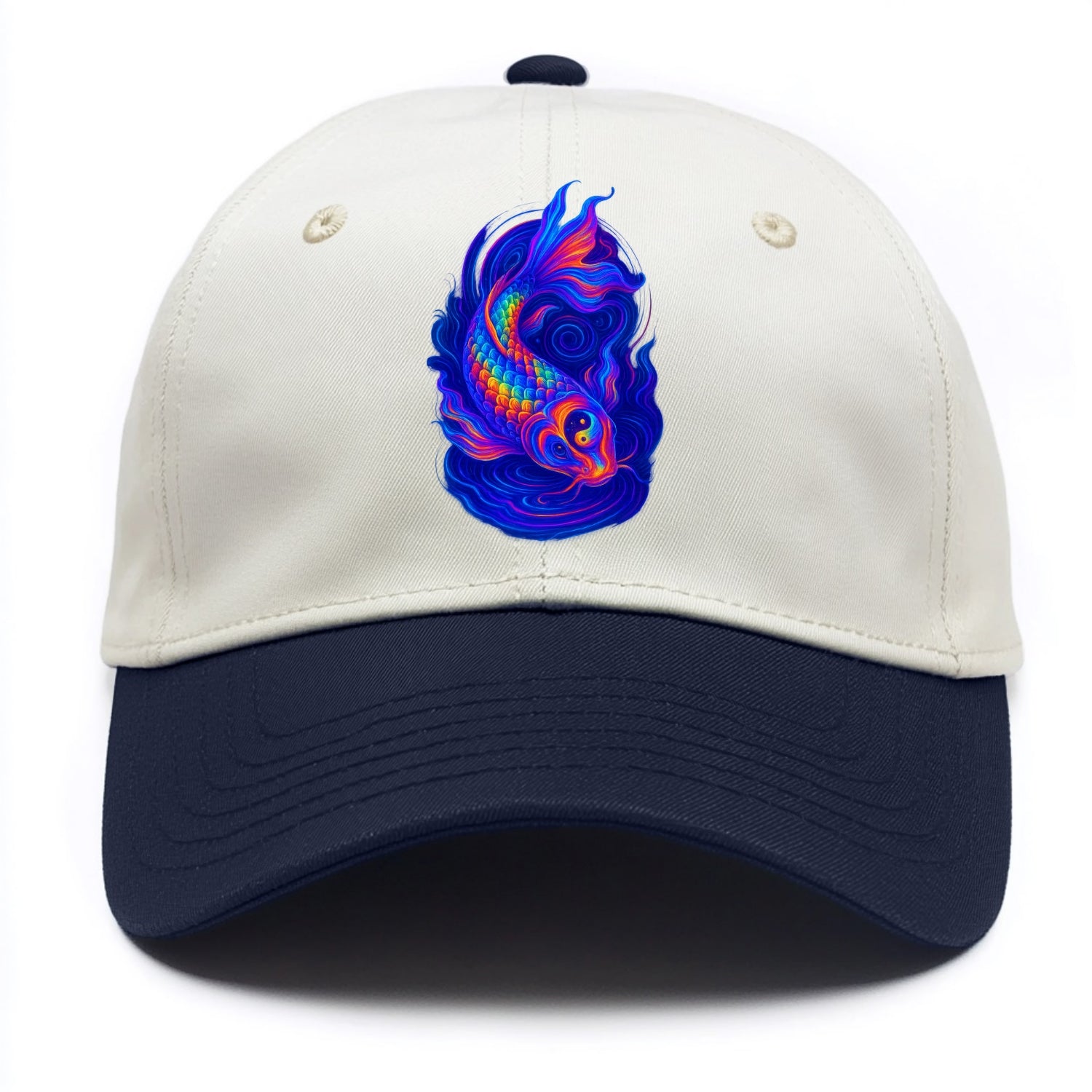 Sacred koi with scales reflecting rainbow prisms, yin-yang patterns in cosmic - Two Tone Cap - Navy