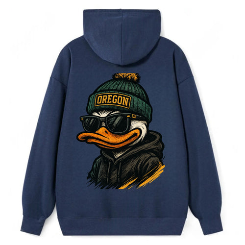 Eugene Duck wearing Oregon beanie with O patch - Classic Pullover Hoodie