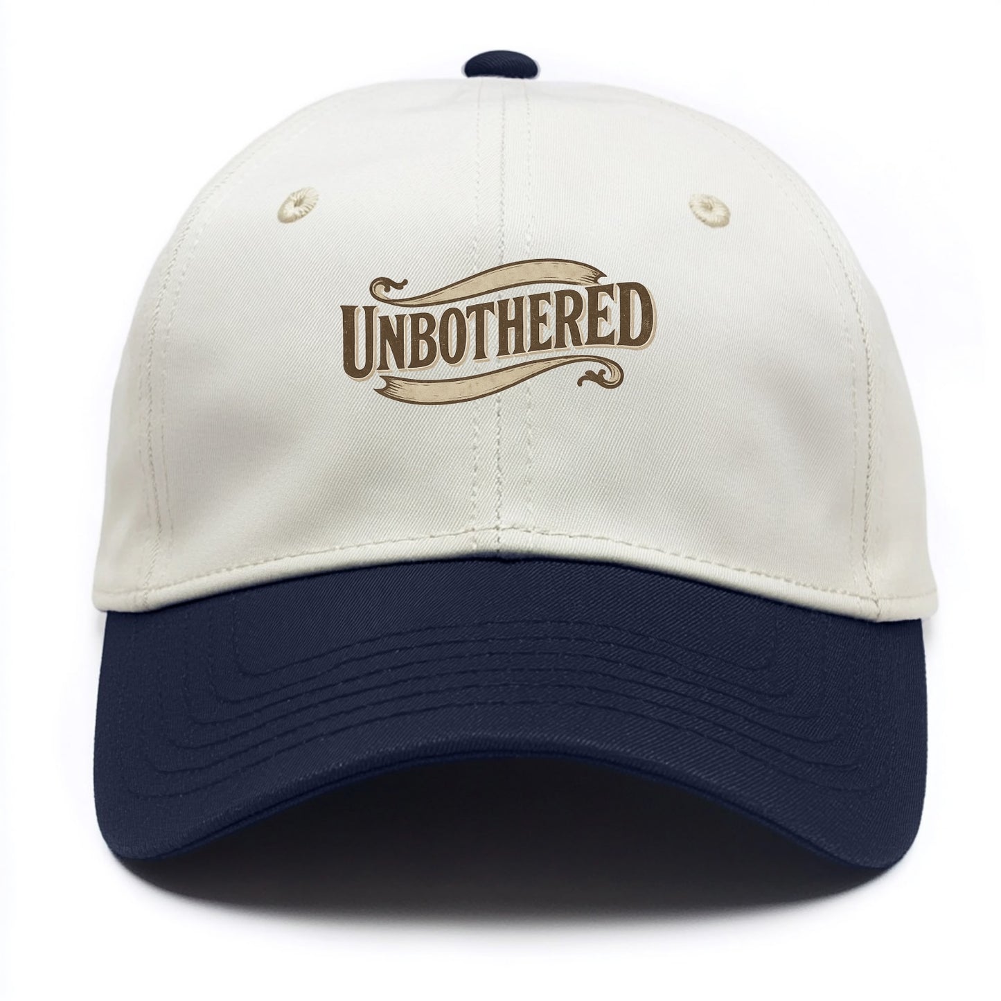 Bold typography design - "UNBOTHERED" - not affected, staying calm - Two Tone Cap - Navy