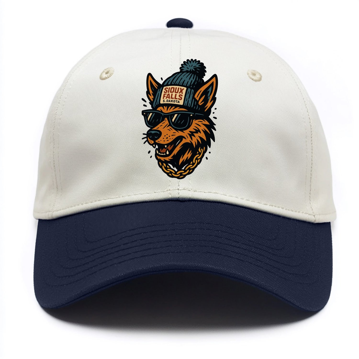 South Dakota Coyote wearing Sioux Falls beanie with pom pom and wayfarer sunglasses - Two Tone Cap - Navy