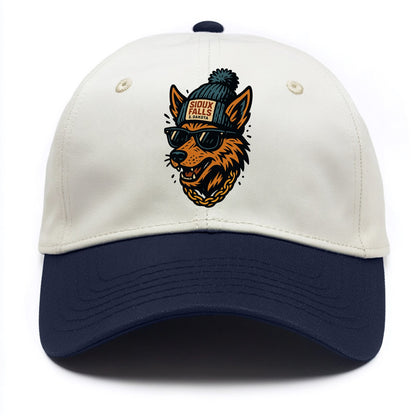 South Dakota Coyote wearing Sioux Falls beanie with pom pom and wayfarer sunglasses - Two Tone Cap - Navy
