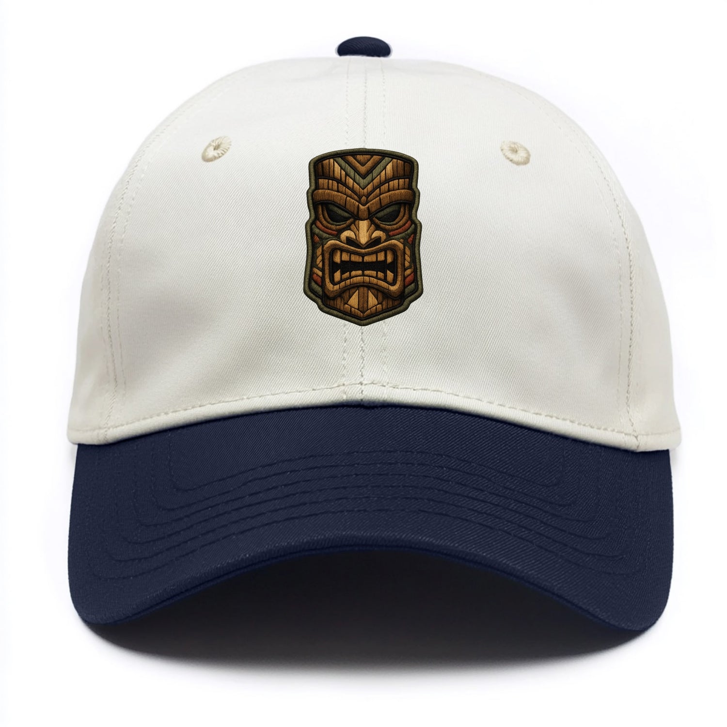 TIKI MASK - carved totem in brown and red , Polynesian - Two Tone Cap - Navy