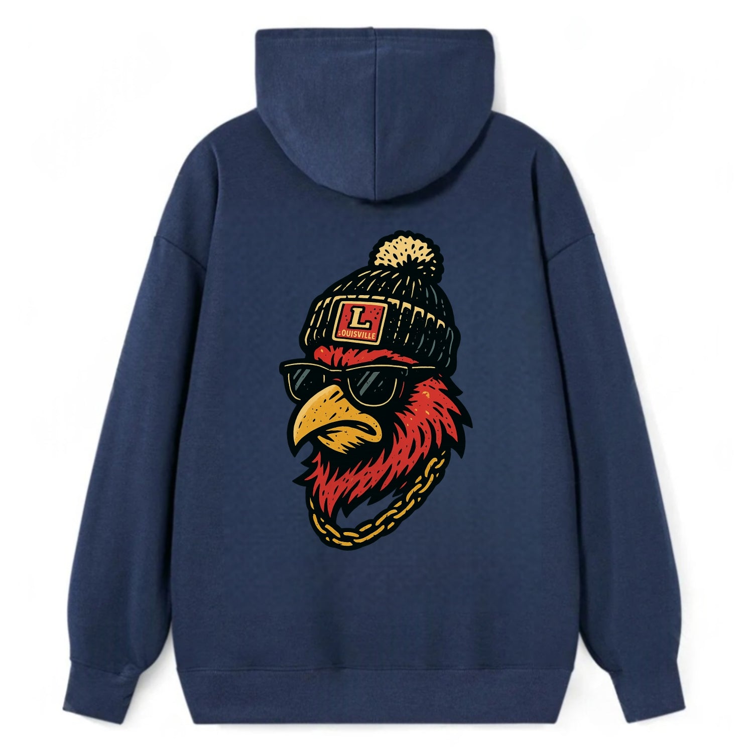 Louisville Cardinal wearing Louisville beanie with L patch - Classic Pullover Hoodie - Navy