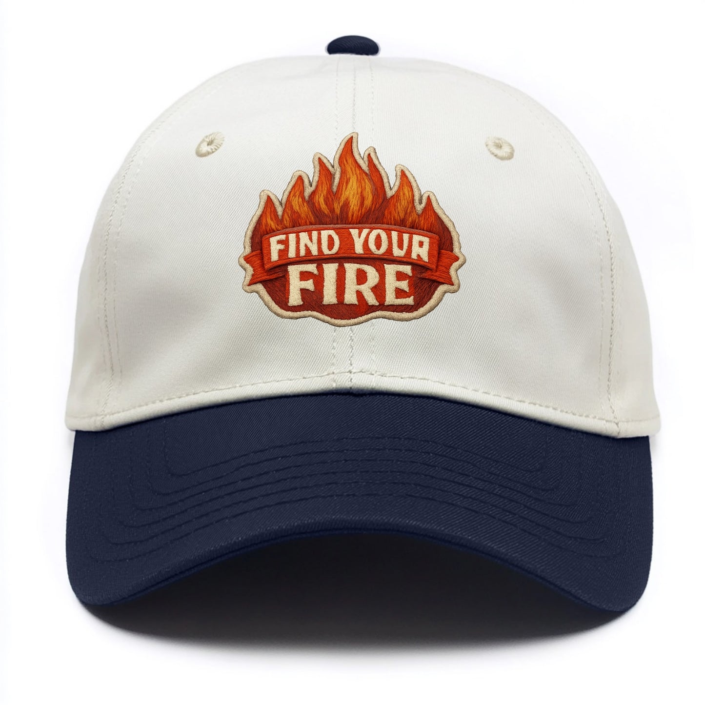 FIND YOUR FIRE - flames with text in orange , passion - Two Tone Cap - Navy