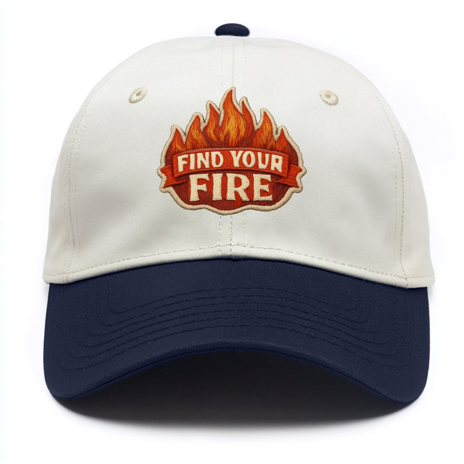 FIND YOUR FIRE - flames with text in orange , passion - Two Tone Cap - Navy