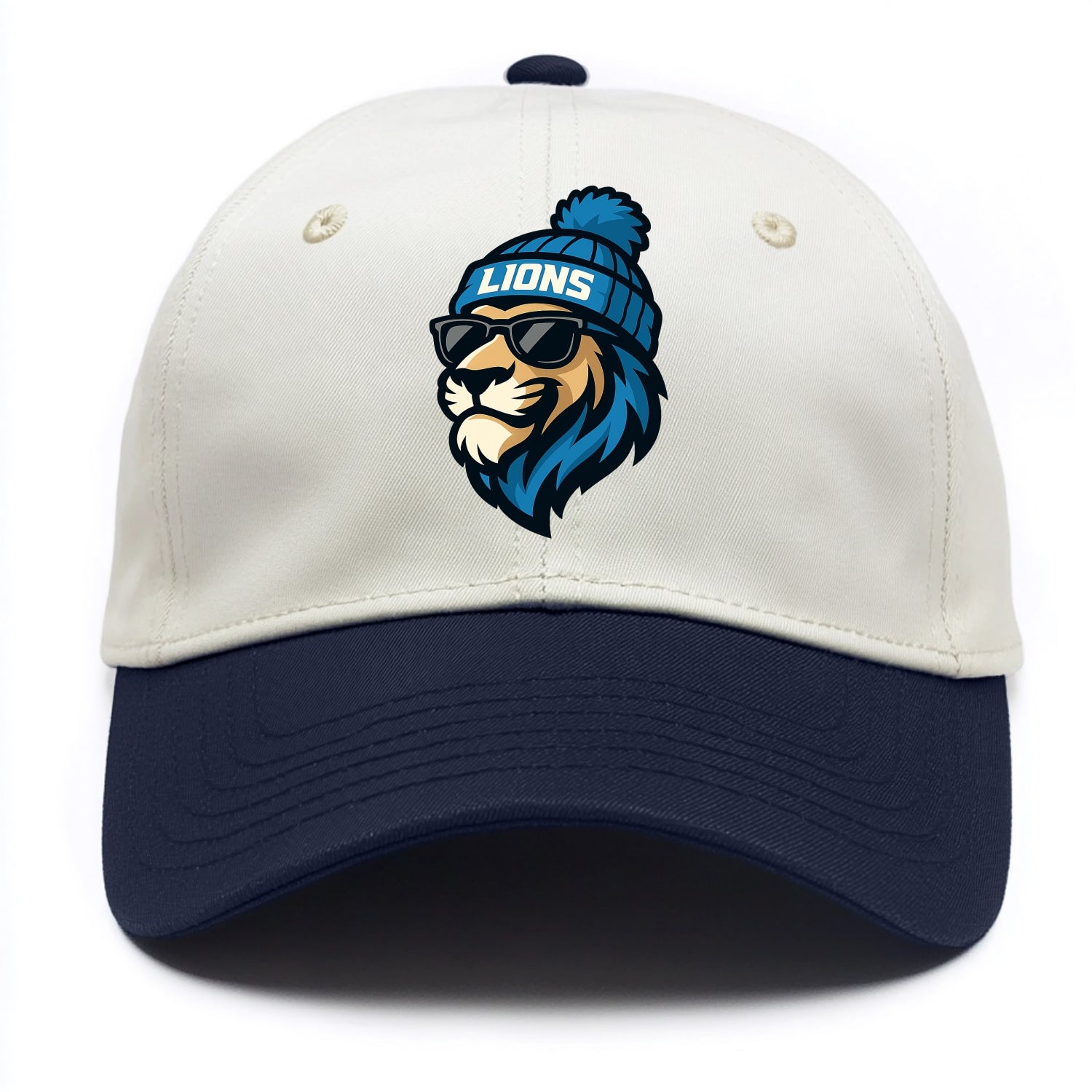 Detroit Lion wearing Lions Honolulu blue and silver beanie with pom pom and wayfarer - Two Tone Cap - Navy