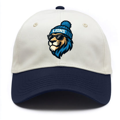 Detroit Lion wearing Lions Honolulu blue and silver beanie with pom pom and wayfarer - Two Tone Cap - Navy