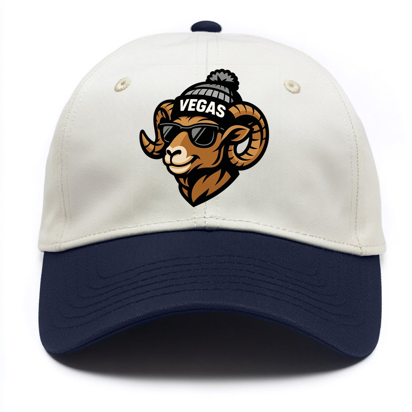Vegas Desert Bighorn wearing Raiders silver and black beanie with pom pom and - Two Tone Cap - Navy